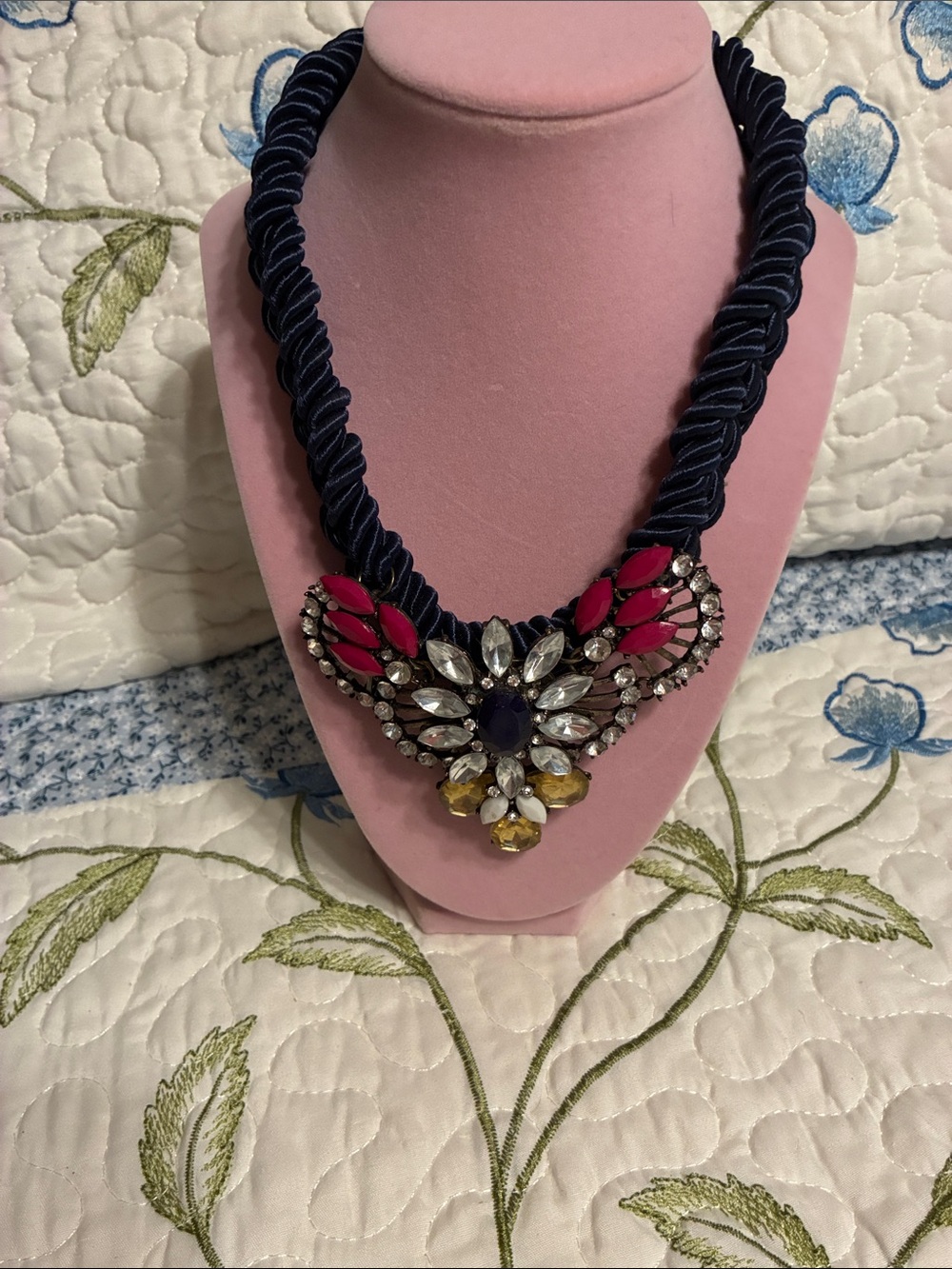 Pink, Navy & Yellow Crystal Rope Statement Necklace